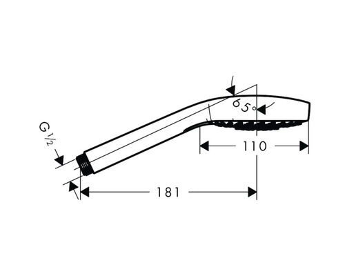 Technische Zeichnung einer Handbrause mit Maßangaben