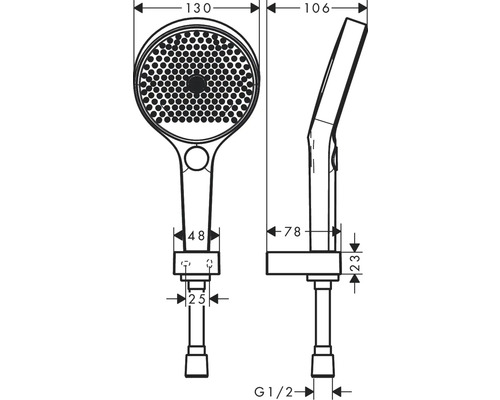 Technische Zeichnung eines Duschkopfes mit Maßangaben