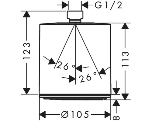 Schéma technique d''une pomme de douche avec indications de dimensions