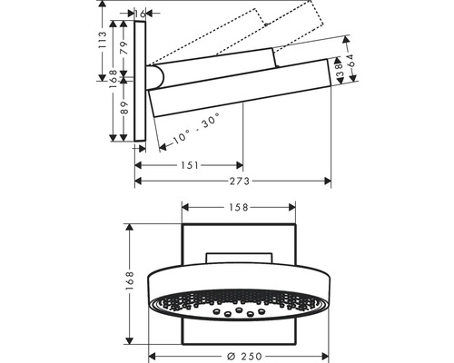 Technische Zeichnung eines Duschkopfes mit Maßangaben