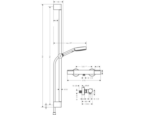 Schéma technique d''une barre de douche avec dimensions
