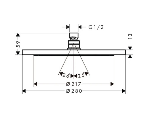 Technische Zeichnung eines Duschkopfes mit Maßangaben.