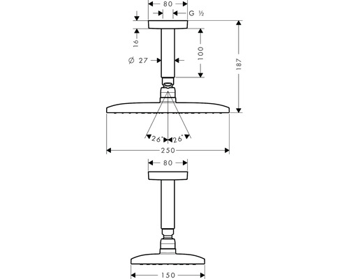 Technische Zeichnung eines Duschkopfes mit Maßangaben
