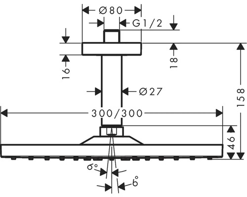 Schéma technique d''une douche de tête avec indications de dimensions