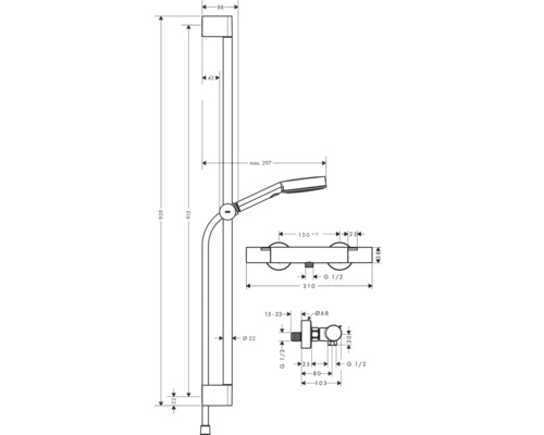 Technische Zeichnung einer Duschstange mit Handbrause und Maßen