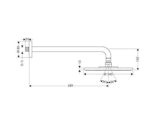 Technische Zeichnung eines Duschkopfes mit Maßangaben