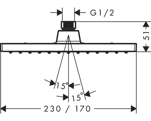 Technische Zeichnung eines Duschkopfs mit Maßangaben