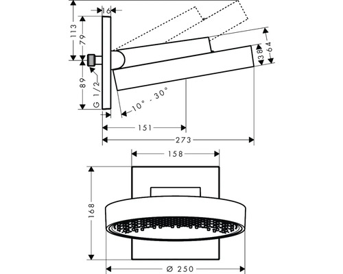 Technische Zeichnung einer Duscharmatur mit Maßen