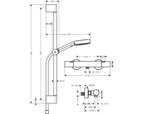 Dessin technique d''une barre de douche avec douchette à main et indications de mesure