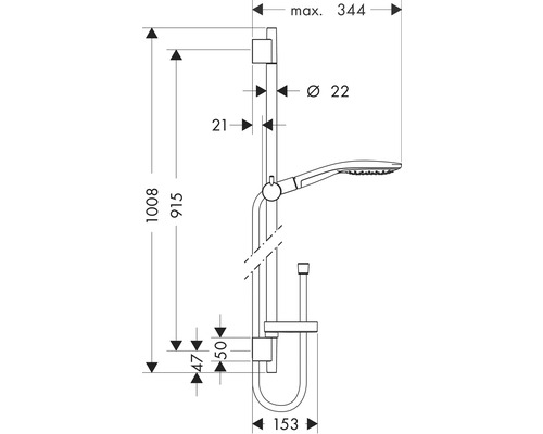 Schéma technique d''une barre de douche avec indications de mesure