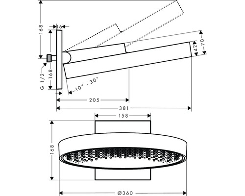 Technische Zeichnung eines Duschkopfes mit Maßen