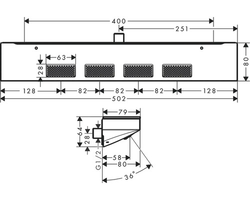 Technische Zeichnung einer Duschrinne mit Maßen.
