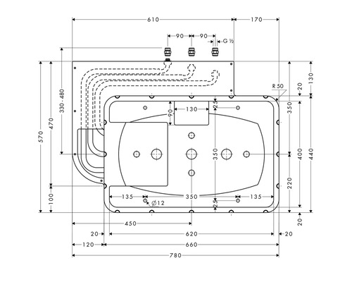 Technische Zeichnung einer Badewanne mit Maßangaben
