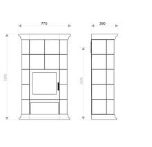 Technische Zeichnung eines Kaminofens mit Maßangaben