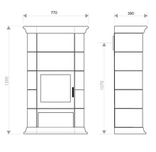 Technische Zeichnung eines Ofens mit Maßangaben: 770 mm Breite, 1290 mm Höhe und 390 mm Tiefe.