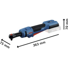 Clé à cliquet sans fil Bosch GRC 18V-40 avec les dimensions 363 mm de longueur, 75 mm de largeur et 70 mm de hauteur
