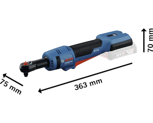 Clé à cliquet sans fil Bosch GRC 18V-40 avec les dimensions 363 mm de longueur, 75 mm de largeur et 70 mm de hauteur