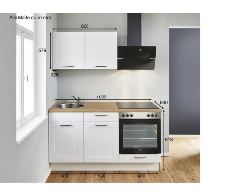 Cuisine compacte avec dimensions, composée d''un évier, d''une cuisinière, d''un four, d''une hotte aspirante et d''armoires