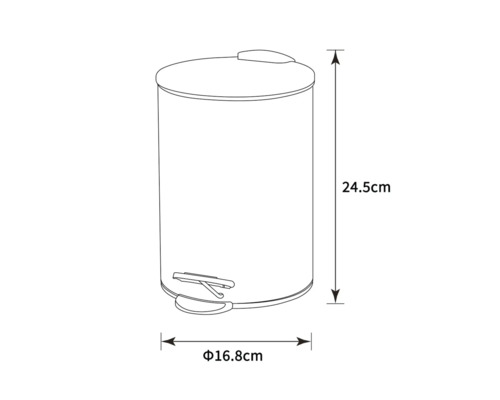 Image d''une poubelle à pédale avec des dimensions de 24,5 cm de hauteur et 16,8 cm de diamètre.