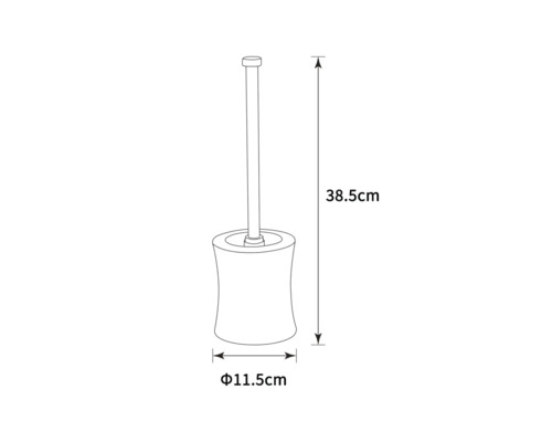 Toilettebürste mit Halterung und Maßangaben: Höhe 38,5 cm, Durchmesser 11,5 cm.