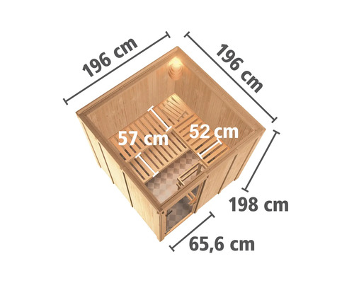 Sauna aux dimensions 196 centimètres par 196 centimètres par 198 centimètres.