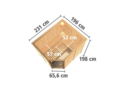 Sauna d''angle avec des dimensions de 231 centimètres, 196 centimètres, 198 centimètres et 65,6 centimètres.