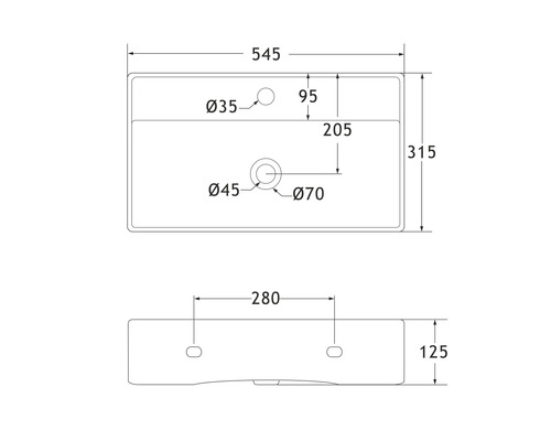 Schéma technique d''un lavabo avec dimensions