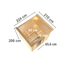 Massivholzsauna Karibu Wojave inkl. 9 kW Ofen u.ext.Steuerung mit Dachkranz und Ganzglastüre aus Klarglas