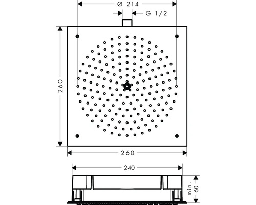 Technische Zeichnung eines Duschkopfes mit Maßangaben.