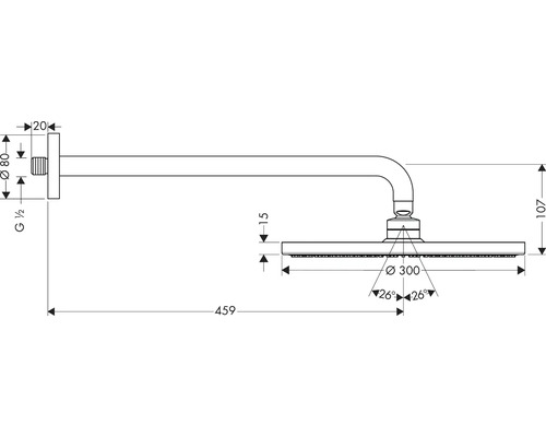Technische Zeichnung eines Duschkopfes mit Maßangaben