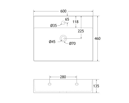 Schéma technique d''un lavabo avec dimensions