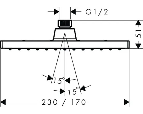 Technische Zeichnung eines Duschkopfes mit Maßangaben