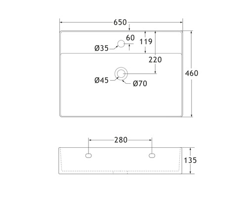 Schéma technique d''un lavabo avec dimensions
