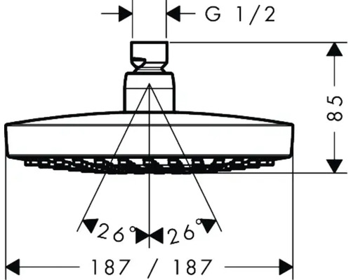 Technische Zeichnung eines Duschkopfes mit Maßangaben