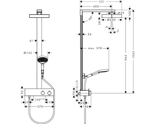 Technische Zeichnung einer Duscharmatur mit Maßangaben