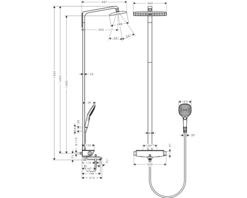 Technische Zeichnung eines Duschpaneels mit Maßen.
