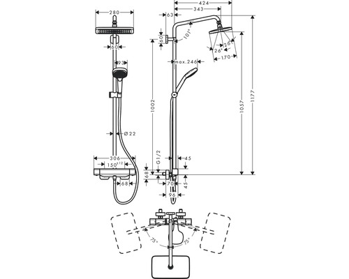 Technische Zeichnung einer Duscharmatur mit Maßangaben