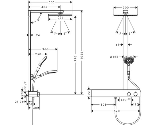 Schéma coté d''une robinetterie de douche avec douche de tête et douchette à main