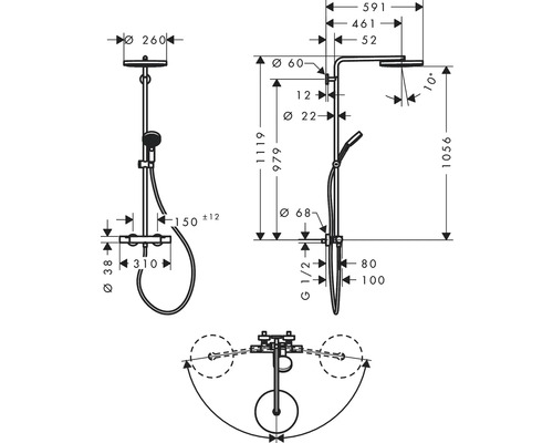 Technische Zeichnung eines Duschsystems mit Maßangaben