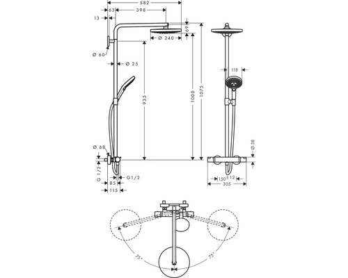 Schéma technique d''un système de douche avec dimensions