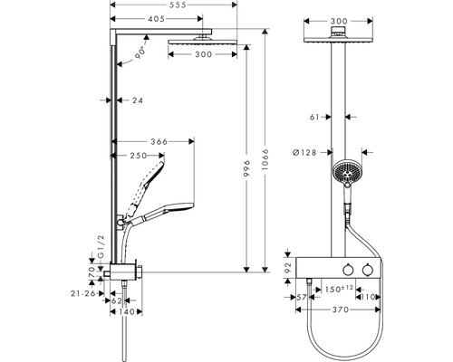 Technische Zeichnung einer Duschgarnitur mit Maßangaben