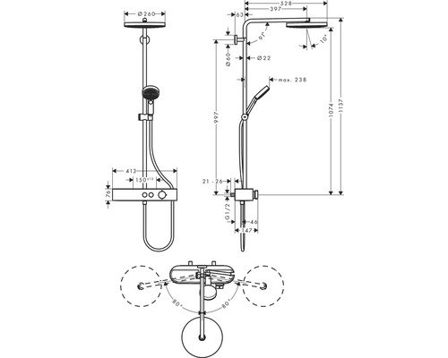 Schéma technique d''un robinet de douche avec dimensions