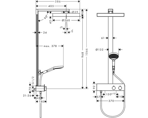 Dessin technique d''un système de douche avec dimensions