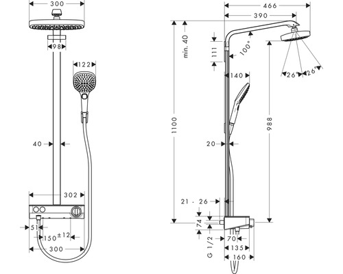 Technische Zeichnung einer Duscharmatur mit Kopfbrause und Handbrause mit Maßangaben