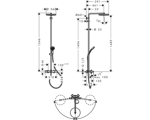 Dessin technique d''un robinet de douche avec indications de dimensions.