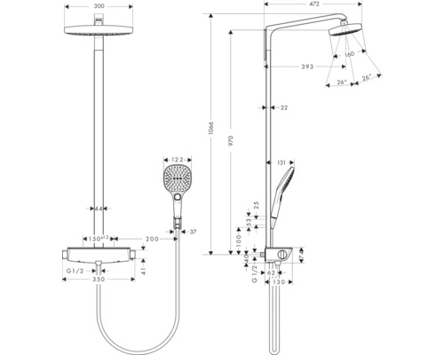 Schéma technique d''un système de douche avec douche de tête et douchette, avec indications de mesure