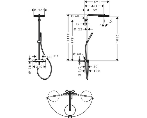 Plan coté d''une robinetterie de douche avec douche de tête, douchette à main et mitigeur thermostatique.