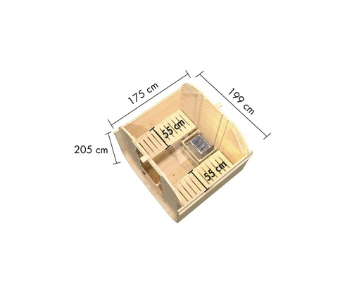 Vue de dessus du sauna avec les dimensions 175 cm, 199 cm et 205 cm.