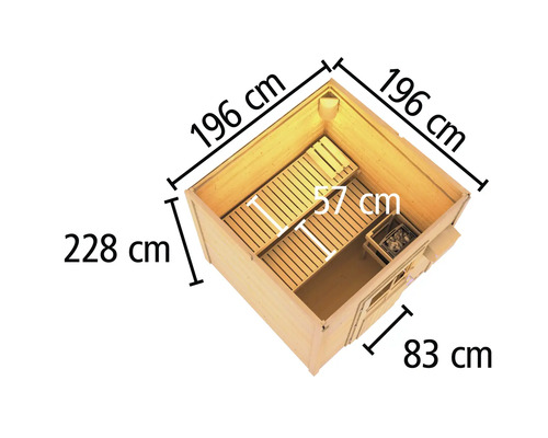 Abmessungen der Innensauna: 196 cm x 196 cm, Höhe 228 cm, Türbreite 83 cm, Banktiefe 57 cm