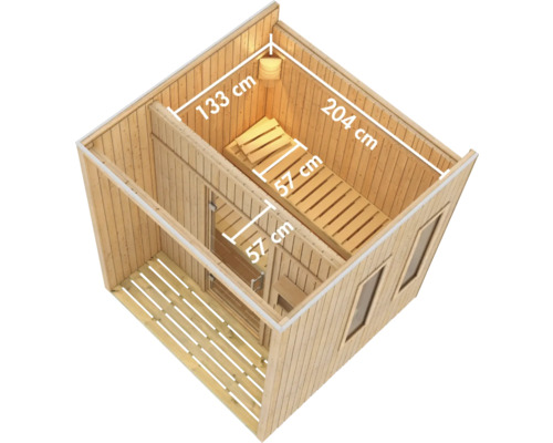 Innenansicht einer Holzsauna mit den Maßen 133 mal 204 Zentimeter
